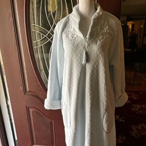 Miss Elaine Elegant Embroidered Long Robe Full Zip Blue with Side Pockets